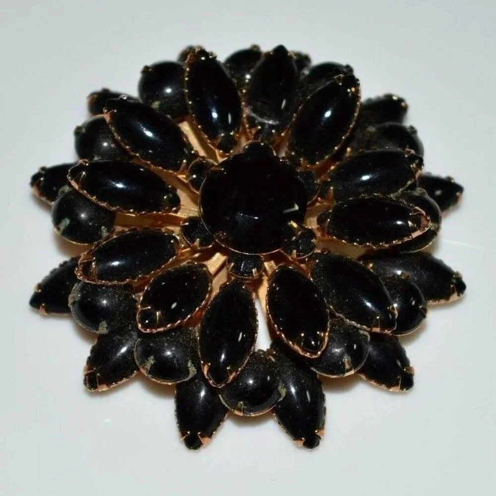 Gold Tone Large Black Glass Rhinestone Flower Set